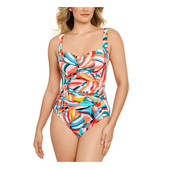 SWIM SOLUTIONS Women's Red Printed Stretch Allover Slimming Shirred Lined Sweetheart Adjustable One Piece Swimsuit 10