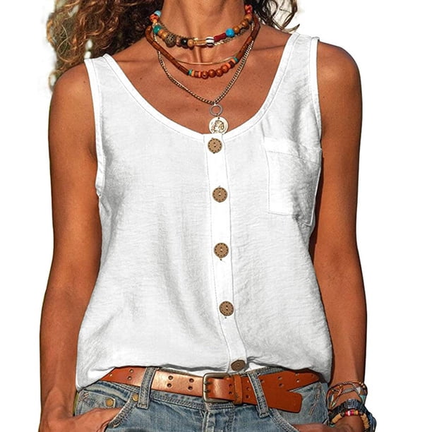 Fiudx Ofertas y Liquidaciones Moda Mujer Casual Cuello En V Sin Mangas Botón Sólido Blusas Casuales Tops