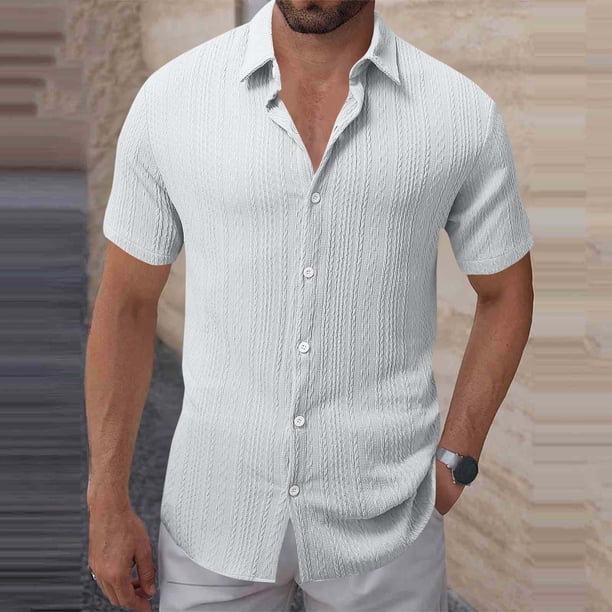 Blusa y camisa de manga corta con cuello vuelto para hombre, color liso, informal, holgada, con botones, de poliéster