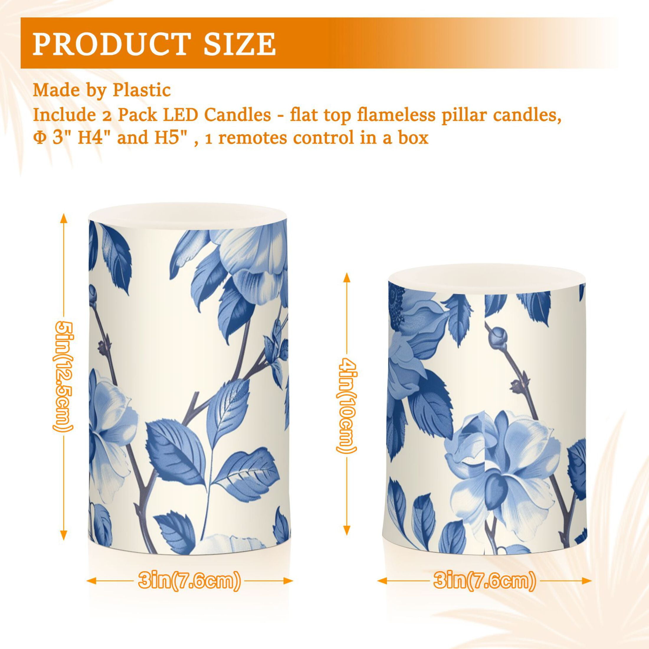 Blue White Florals and Leaves Flickering Flameless Candles LED Tealight Battery Operated with Remote Set of 2 Holiday Decor Ornaments