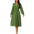 thumbnail image 2 of INSPIRE CHIC Women's Casual Long Sleeve Midi Fall Dresses V Neck Vintage Smocked Waist Flowy Long Dress Green S, 2 of 5