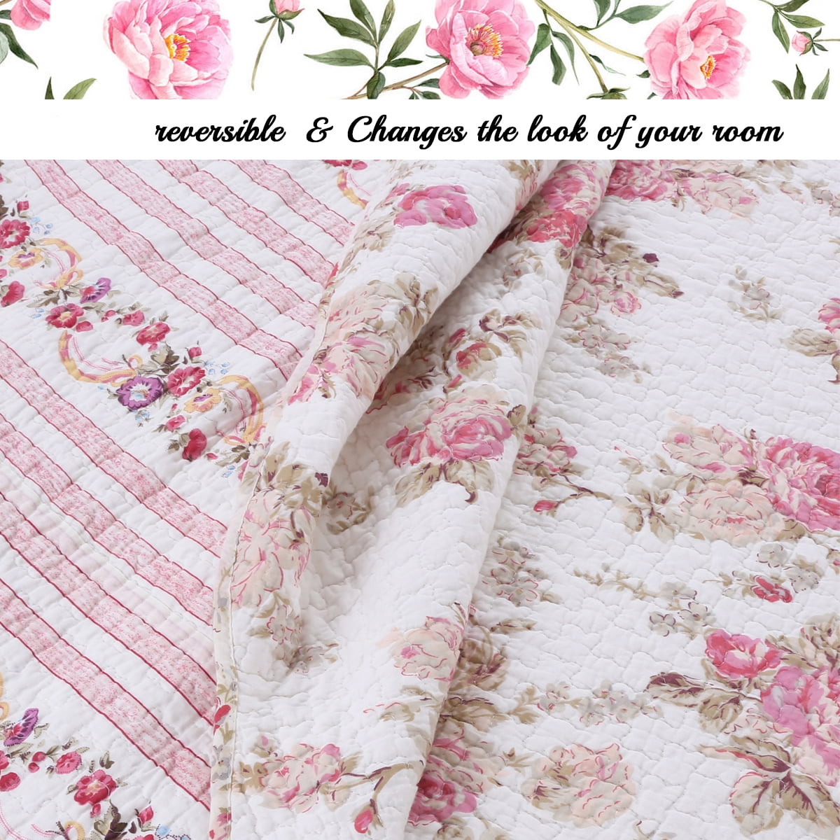Cozy Line Shabby Chic Spring Rose 100% Cotton Quilted Throw Blanket