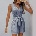 thumbnail image 4 of Mqqzkk Women's V Neck Jumpsuits Shorts Front Tie Belted Button Up Romper Sleeveless Short Jumpsuit Outfit 2025 Beach Vacation Clothes Navy L, 4 of 6