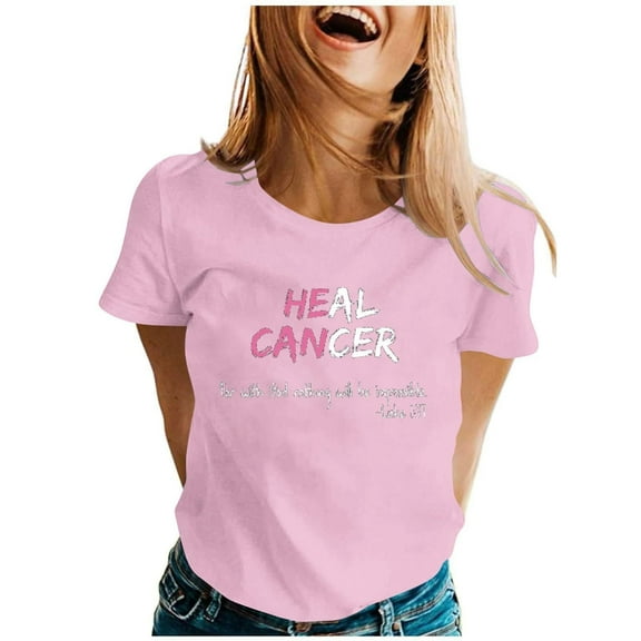 Caner Shirts for Women Pink Ribbon Graphic Short Sleeve Crewneck Tops Cancer Awareness Inspirational Casual Tees A001-Pink L