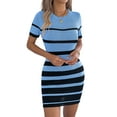 thumbnail image 2 of Womens Bodycon Mini Dress Striped Short Sleeve Ribbed Knit Slim Fit Vacation Long Blue S, 2 of 9