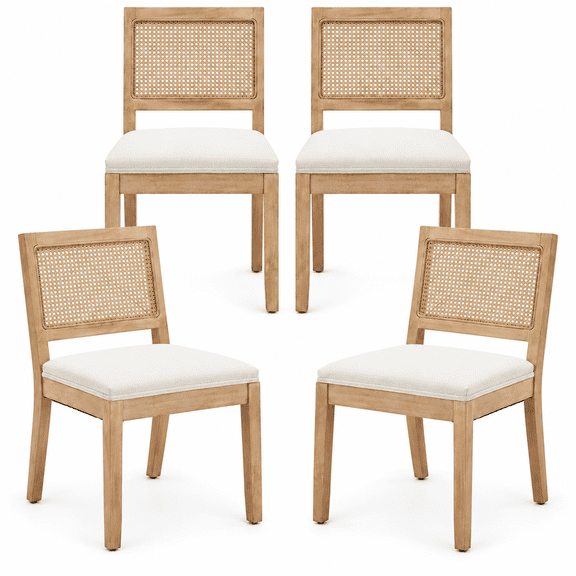 PORKISS Rattan Dining Chairs Set of 4, Farmhouse Beige Kitchen Chairs with Cane Back, Upholstered Dining Room Chairs with Solid Wood Frame, Side Chairs for Kitchen, Dining Room