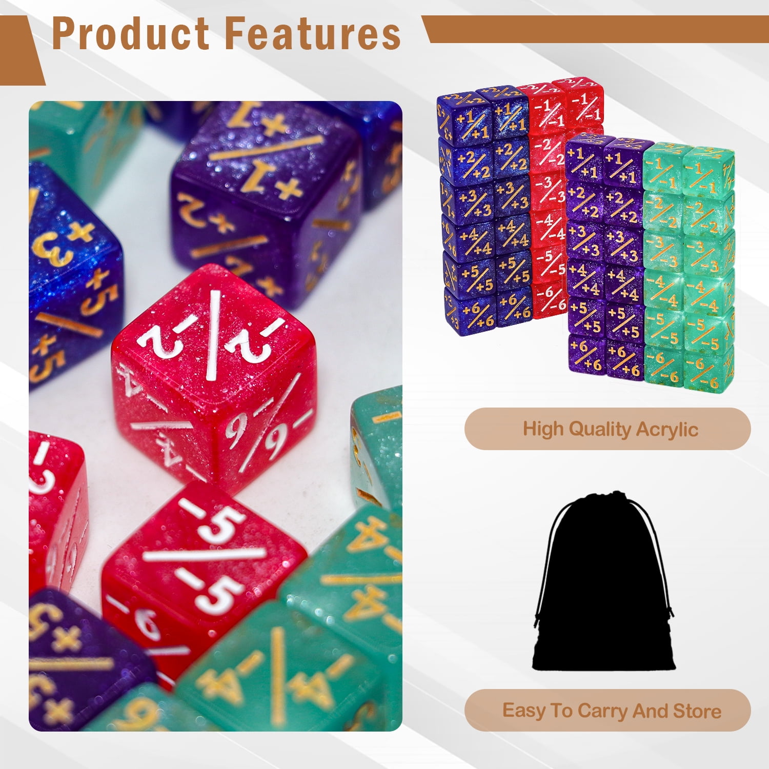 SWAJUJA 48Pcs 12mm MTG Counter Dice  +1/+1 Tokens 4 Color 6 Sided Dice Set with Black Pouch for Magic The Gathering, MTG, TCG, Card Games Accessories