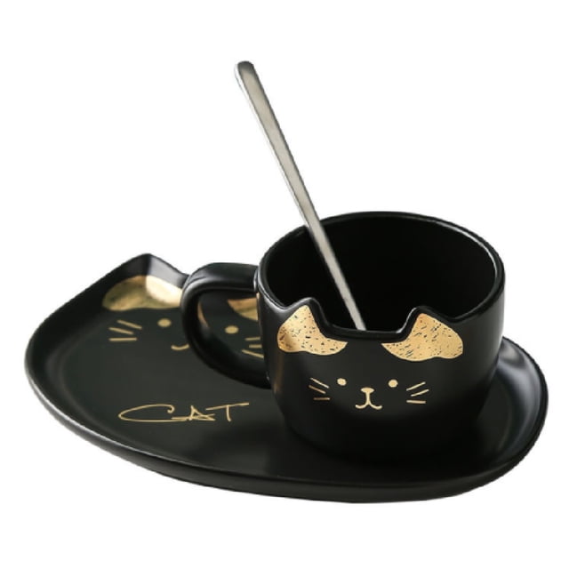 Set Taza y Plato de Céramica en Forma de Gato con Cuchara Negro HappyWare 100099C