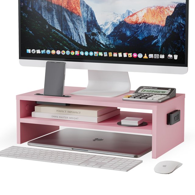 Monitor Stand Riser BONTEC Estante de escritorio de madera con 2 niveles, color rosa