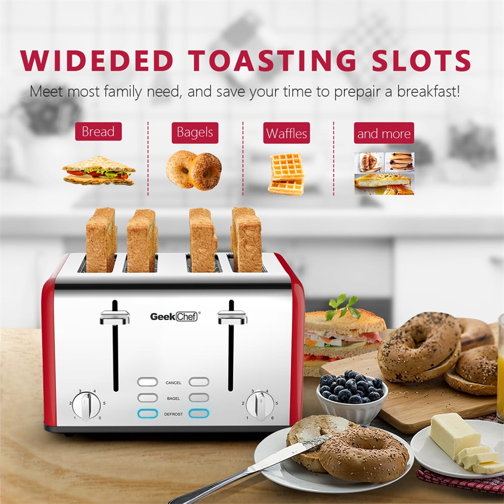 Latady Toaster 4 Slices, Geek Chef Stainless Steel Extra-Wide Slot Toaster, Dual Control Panel with Bagel/Defrost/Cancel Function, 6 Shade Settings For Baking Bread, Detachable Crumb Tray