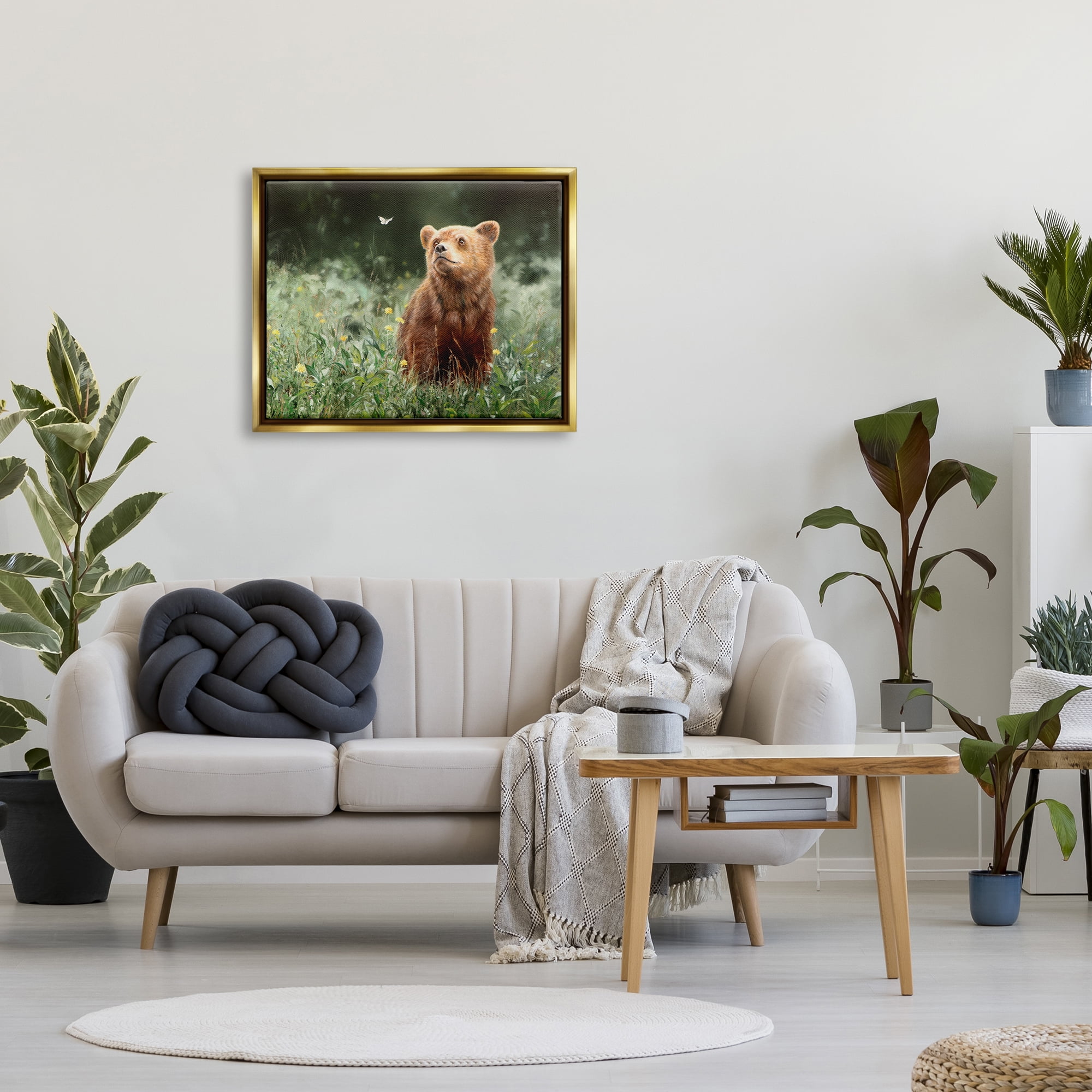 Stupell Industries Bear & Butterfly in Meadow Animals & Insects Photography Gold Floater Framed Art Print Wall Art, 31 x 25