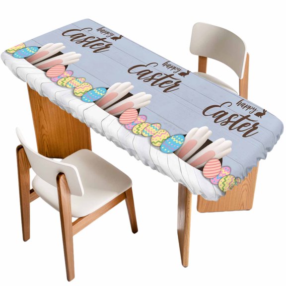 Happy Easter Table Cloths for 8 Foot Rectangle Tables, Colorful Spring Eggs Haze Blue Wooden Patio Waterproof Elastic Fitted Tablecloths, Washable Rectangular Table Cover for Camping