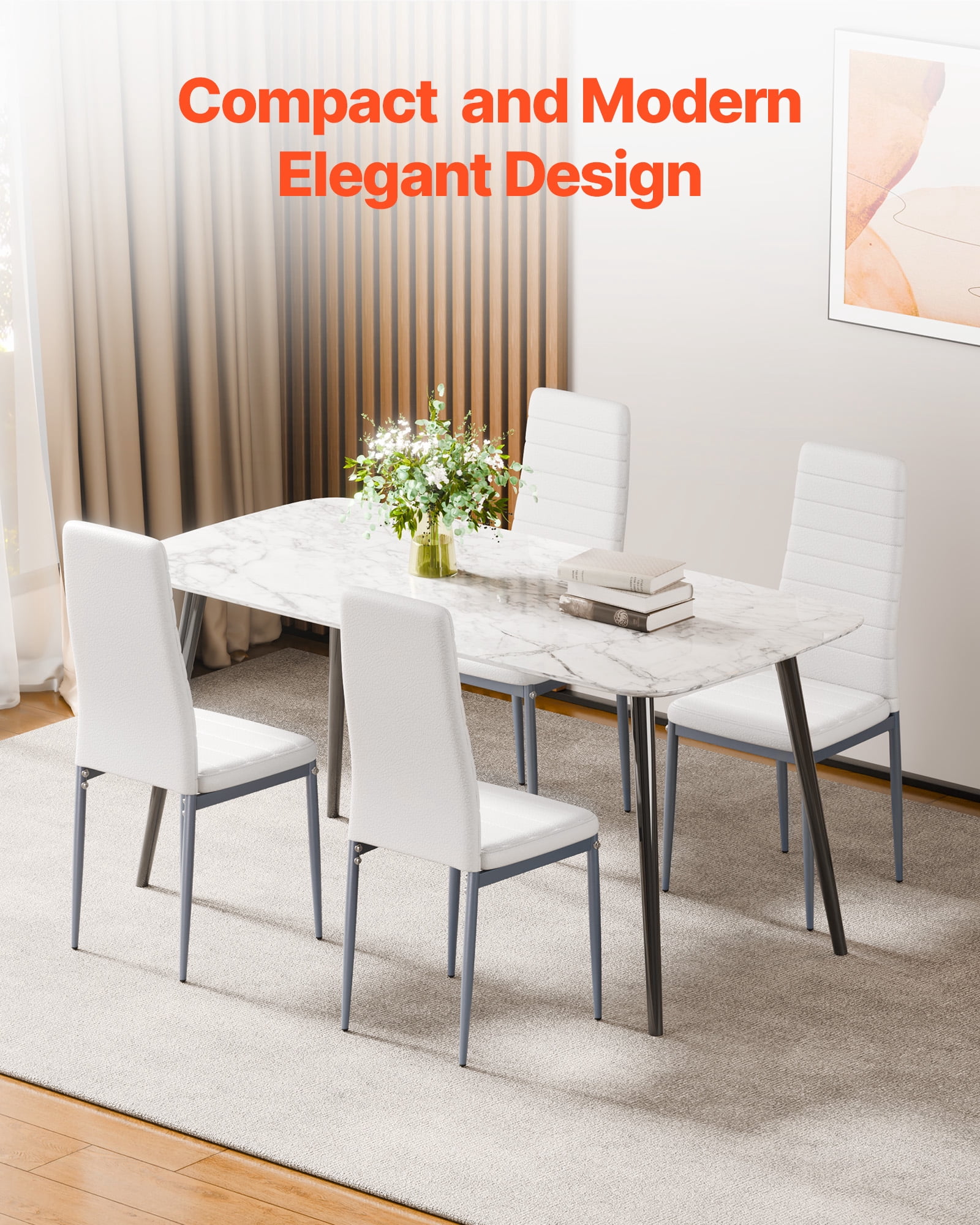 VEVOR Modern Dining Room Accent Chairs Set of 6, Upholstered Leather Side Chair for Dining Tables, Space-Saving Kitchen Table Chair with Thick Cushions and Metal Legs, White