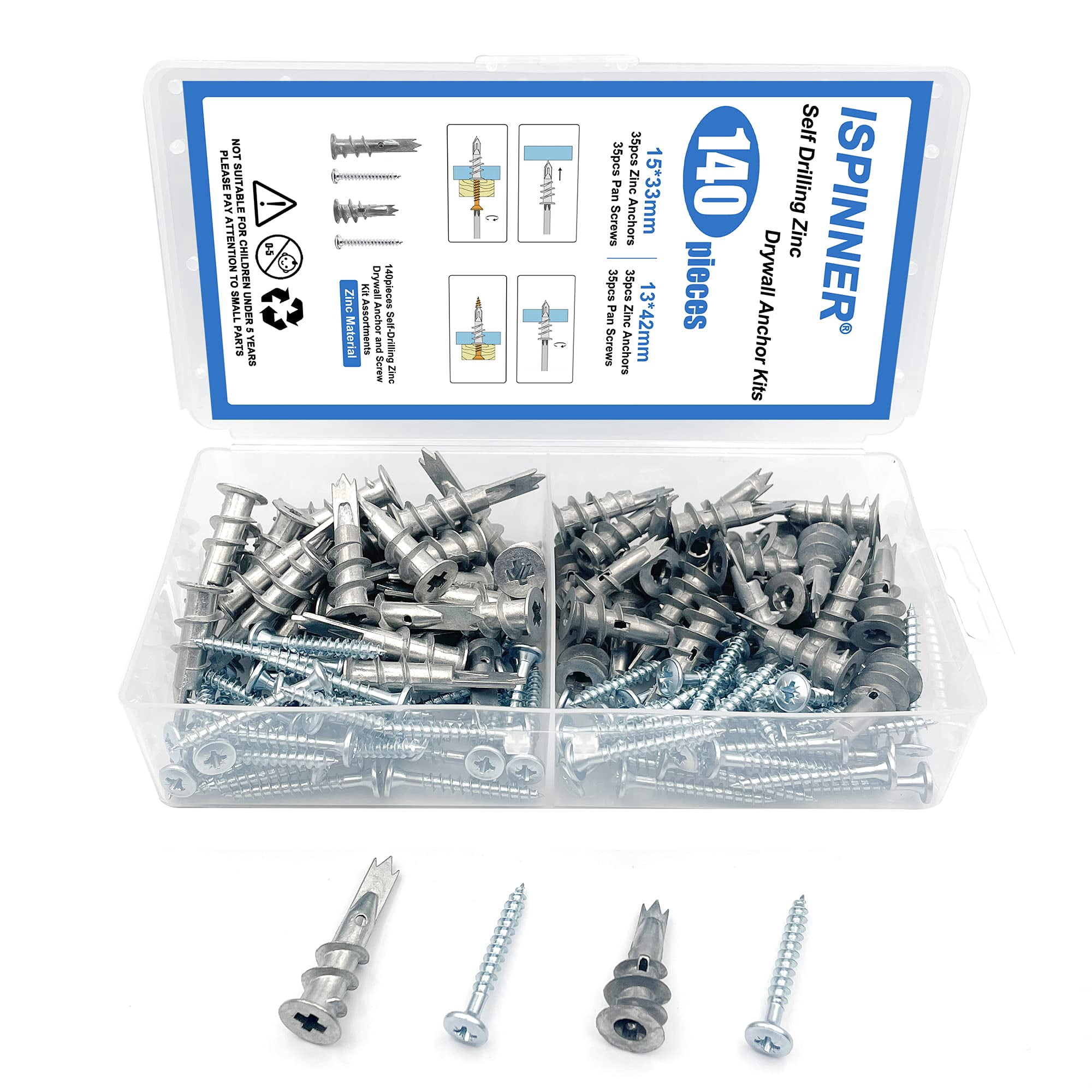 140pcs Plastic Drywall Anchors Self Drilling Hollow Wall Anchors with Screws Assortment Kit (13x42mm + 15x33mm)