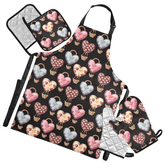 Heart Shape Balloon 5 Pcs Kitchen Set Heat Resistant Oven Mitts and Non-Slip Pot Holders with Adjustable Cooking Apron