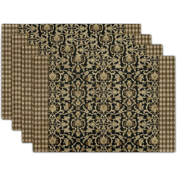 Brown Antique Placemats Set of 4 Vintage Floral Block Print Washable Non-Slip Heat Resistant Place Mats 12x18 Inch Retro Turkish Linen Table Mats for Kitchen Dining Party Decor