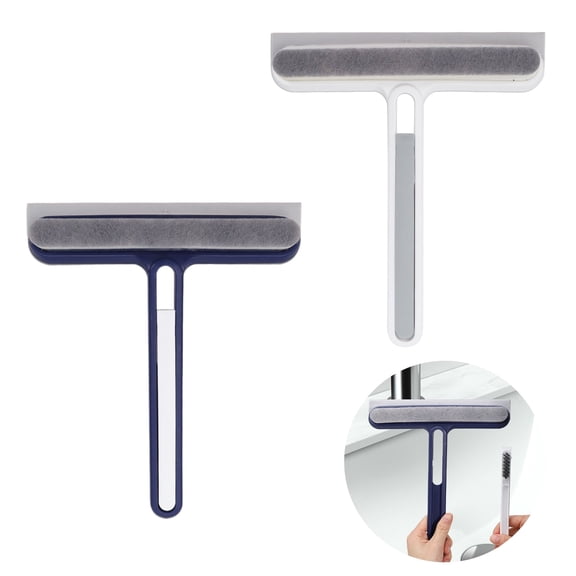 4 in 1 Shower Squeegee with Crevice Cleaning Brush, Glass Shower Scraper Light Weight Bathroom Squeegee, Window Scrubber Wipers for Kitchen Counter Car Windshield Mirror(White & Blue)
