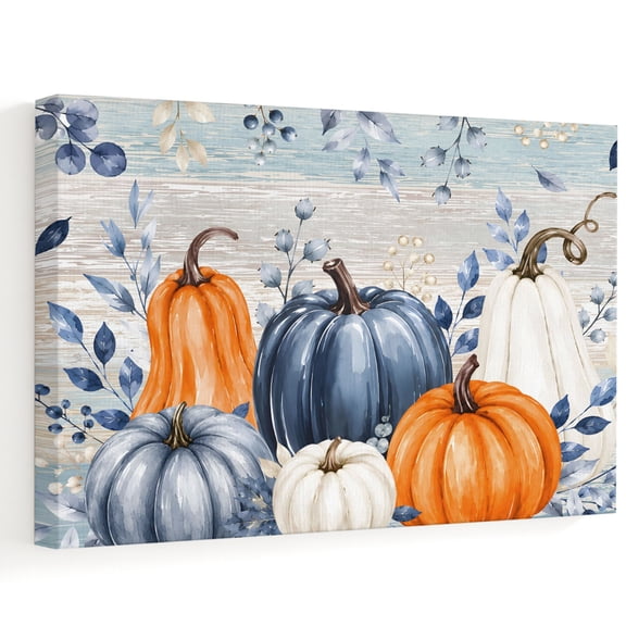 Pastel Blue Pumpkin Canvas Wall Art, Thanksgiving Orange Creamy Pumpkin Leaf Wooden Wall Art Prints Artwork Framed Canvas Ready to Hang Art Pictures for Bathroom Nightstand, Narrow Hallway 14" x 11"