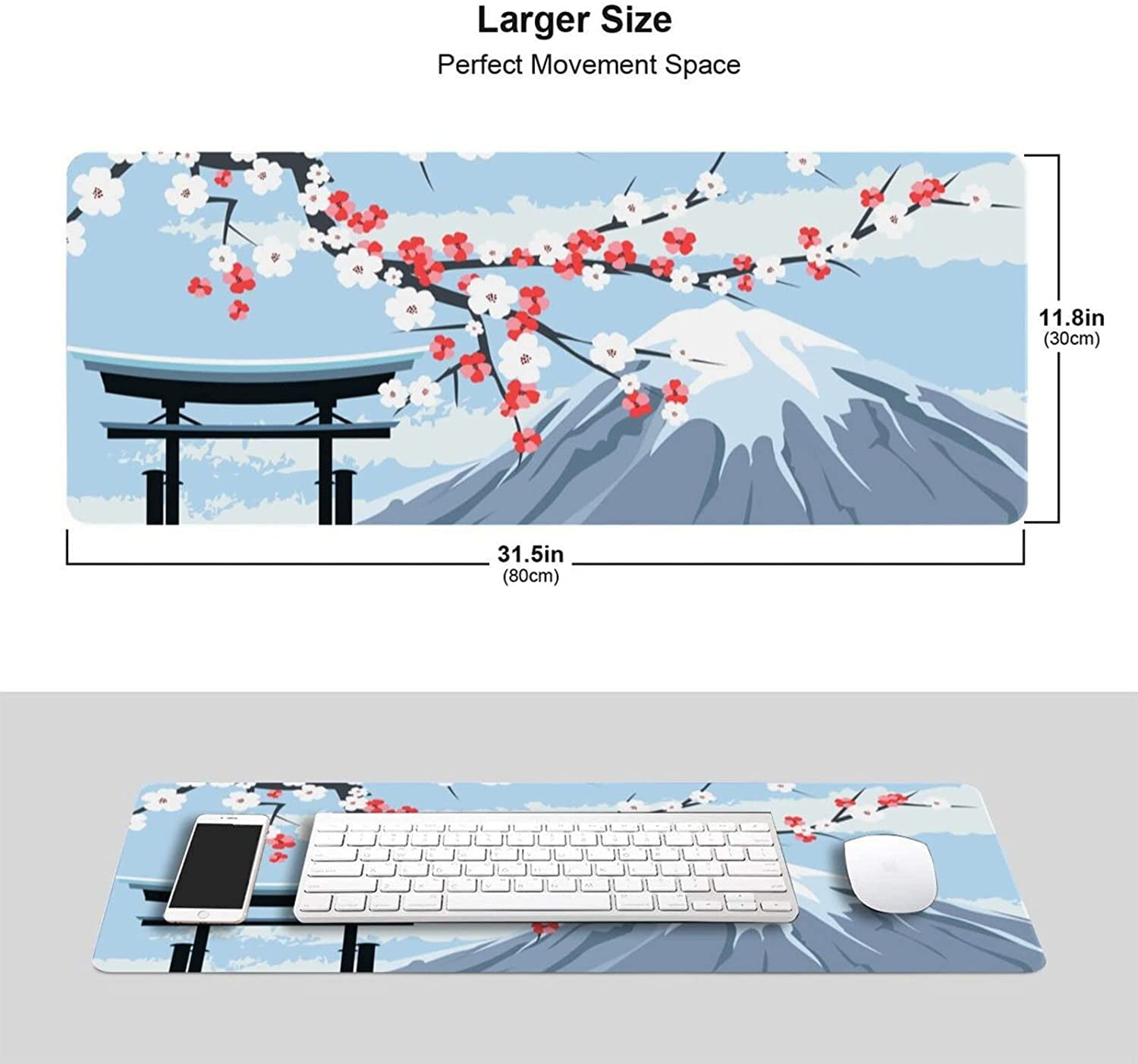 Japanese Cherry Blossom Gaming Mouse Pad XL, Extended Large Full Desk Mousepad 31.5 X 11.8 Inch, Waterproof Big Mouse Pad Edge, Non-Slip Long Keyboard Mat Office & Home Caburywe, Blue Mouse Pad