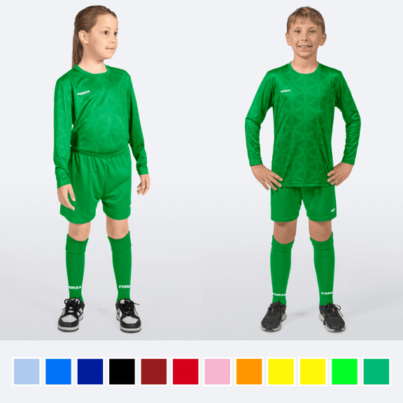FORZA Kids' Long Sleeve Soccer Uniform Set – Breathable Quick Dry Youth Soccer Jersey, Shorts & Knee-High Socks – Boys & Girls Training Kit – Multiple Colours & Sizes (5-14 Years)