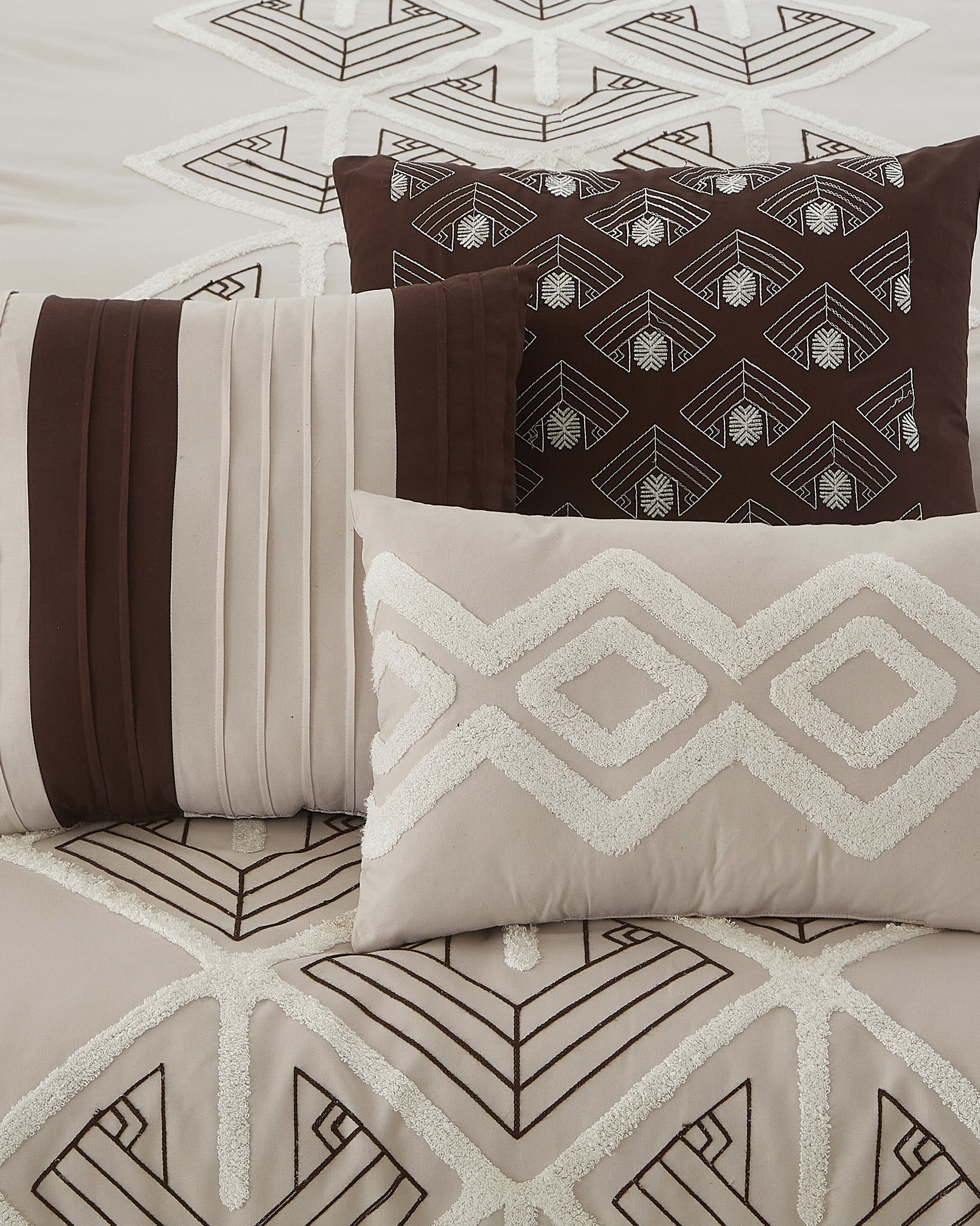 Lanco Brown Comforter Set King Size, 7 Piece, Terry Embroidery Geometric Home Decor, Matcking Bed Skirt, Pillows & Shams, All Season Bedding Set