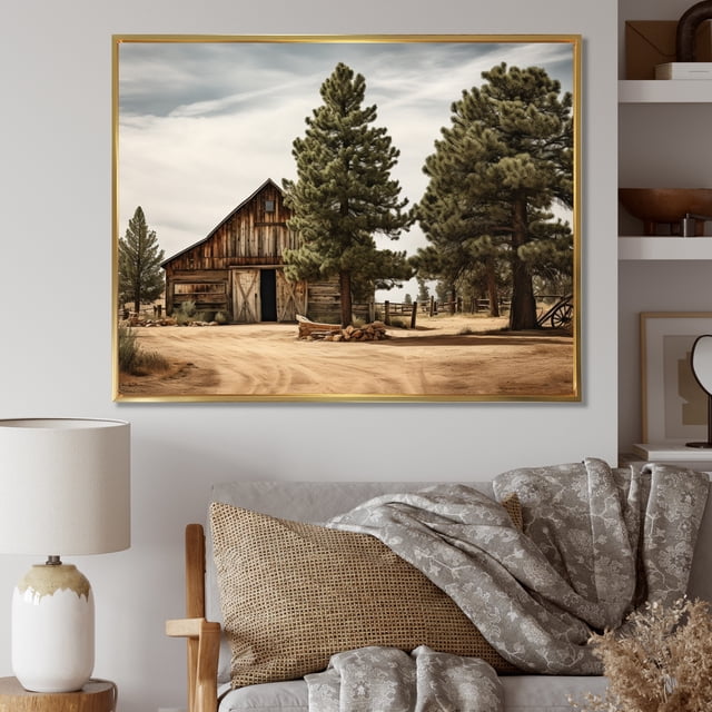 Designart tree pine framed wall art decor, Tree Pine framed wall Art, Pine Tree Rustic beauty , Green Large Traditional Gold framed wall art, 32x16 inches Gold Frame