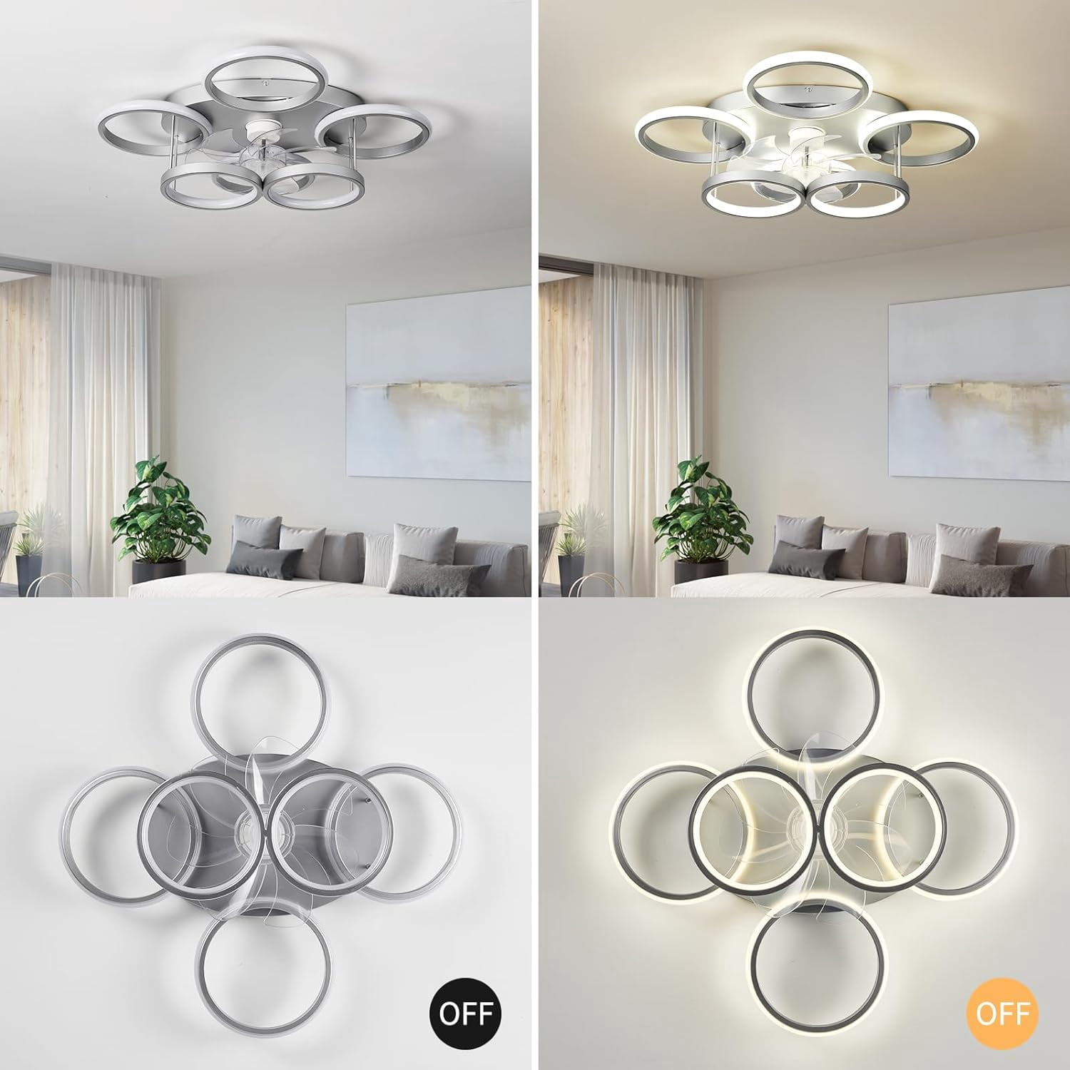 Garwarm Ceiling Fans with Lights, Modern Ceiling Fan with Lights Remote Control, Low Profile Ceiling Fan, 6 Speed Dimmable LED Ceiling Lamp for Bedroom, Kitchen, White