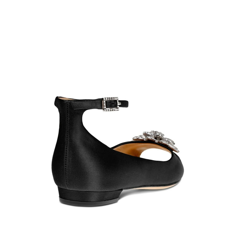 BADGLEY MISCHKA Womens Black Satin Adjustable Ankle Strap Rhinestone Cushioned Kaidence Peep Toe Buckle Dress Flats Shoes 6