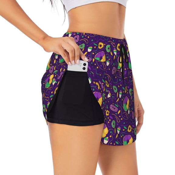 Xecao's Mardi Gras and Donuts for a double-layer running short for women, perfect for gym, tennis, and more, featuring a convenient pocket.