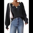 thumbnail image 3 of Suéter Holgado de Otoño con Cuello en V y Mangas Largas Tipo Farol para Mujer, Bordado de Flores. Negro L, 3 of 9
