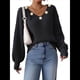 thumbnail image 3 of Suéter Holgado de Otoño con Cuello en V y Mangas Largas Tipo Farol para Mujer, Bordado de Flores. Negro M, 3 of 9