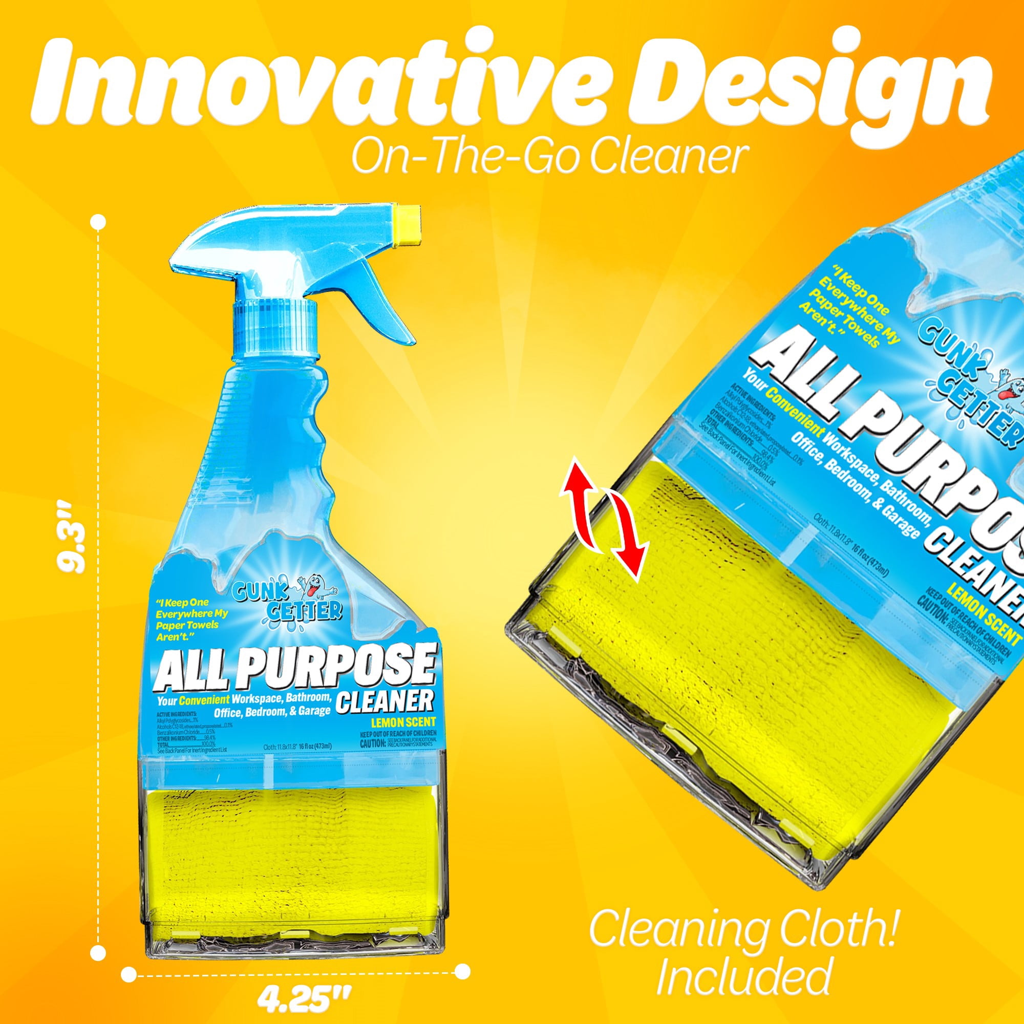 Gunk Getter - Spray Bottle with Microfiber Cap - All Purpose Cleaner 16 fl oz - Lemon Scent