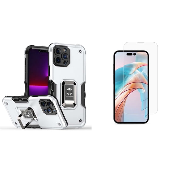 Bemz Phone Case for iPhone 15 with Tempered Glass Screen Protector, Camera Protection Heavy Duty Shockproof Protection Magnetic Mount Stand Cover (Lunar Silver)