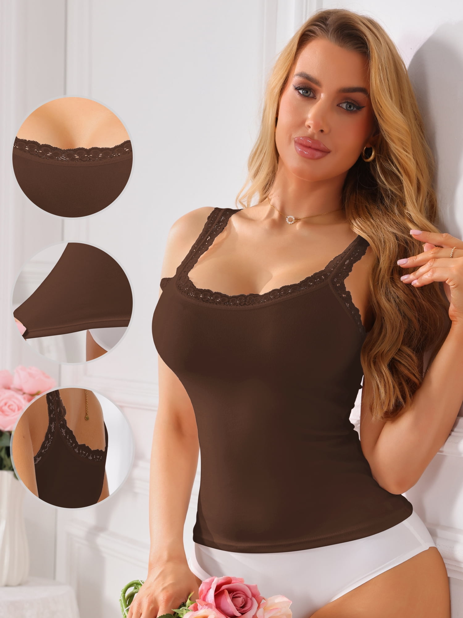 DARING DIVA Women's Slim-Fit Lace Trim Camisoles Ribbed U Neck Tank Top X-Large Coffee