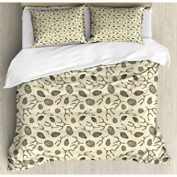 Pine Cone Duvet Cover Set King Size, Poinsettia Mistletoe Berry Branch Spruce Tree Twigs Growth Woodland Theme Print, Decorative 3 Piece Bedding Set with 2 Pillow Shams, Cream Taupe, by Ambesonne