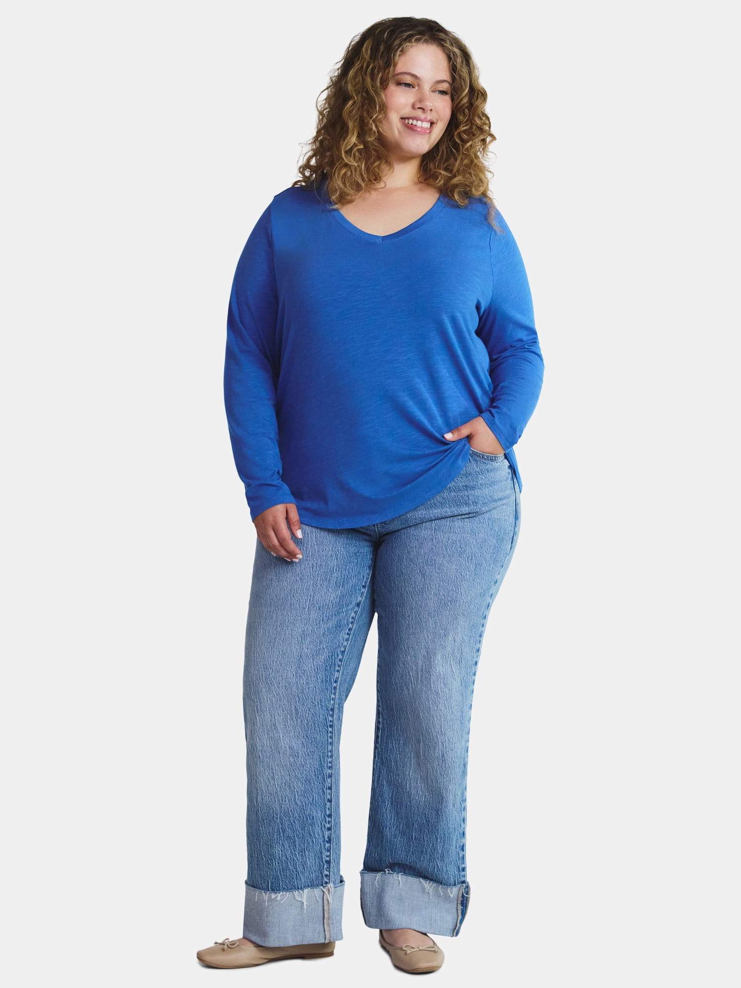 Terra & Sky Women's Plus Size V-Neck Tee with Long Sleeves, Sizes 0X-5X