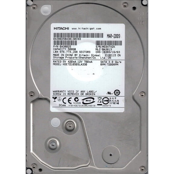 HDE721050SLA330 P/N: 0A38025 MLC: BA3013 China Hitachi 500GB