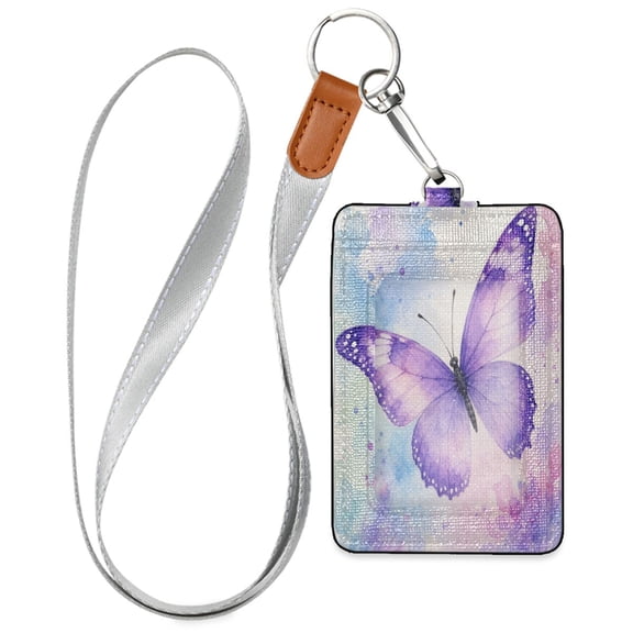 PU Leather Badge Holder Lightweight ID Card Holder with Window Pocket Watercolor Butterfly Design