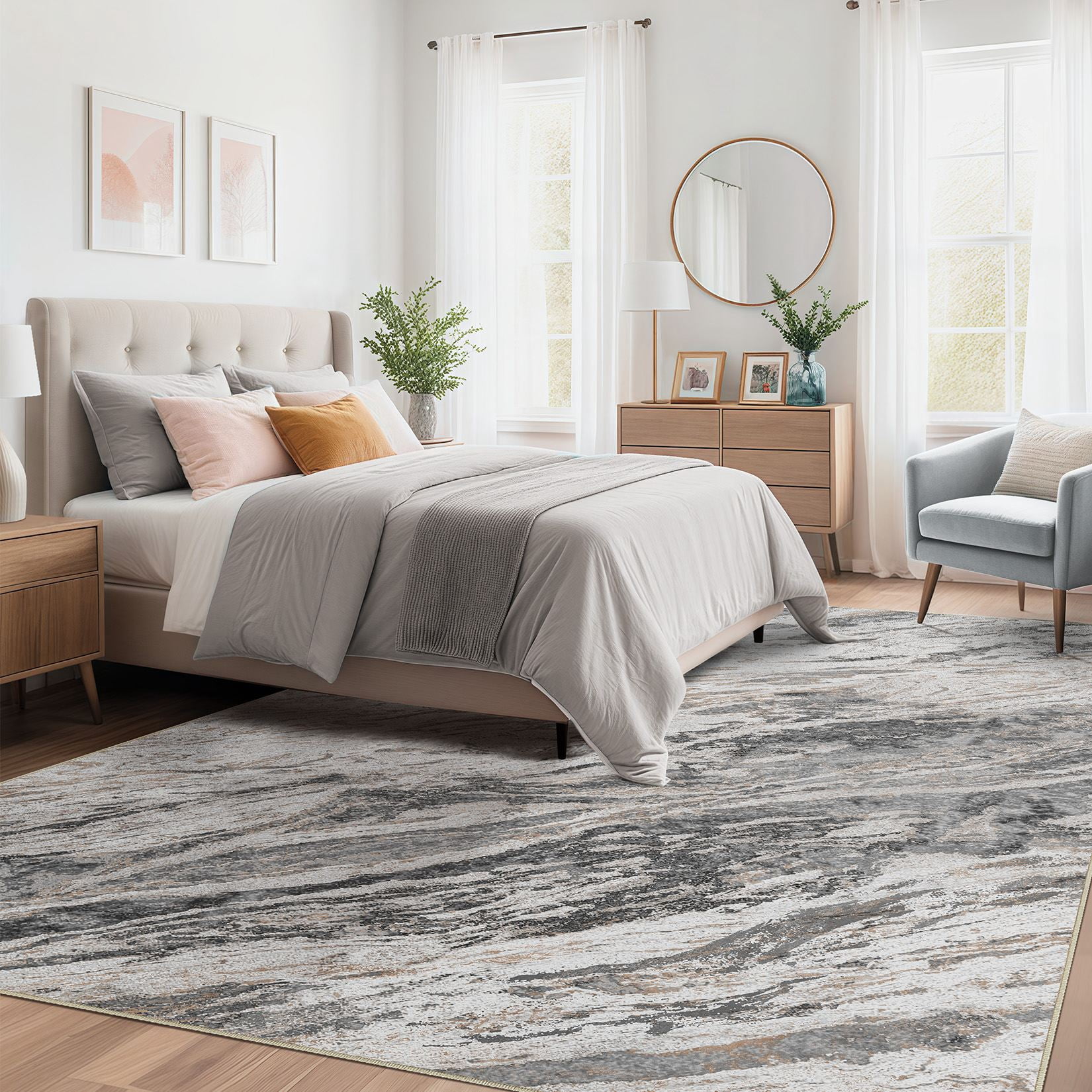 MICGEEK 5x7 Washable Area Rugs for Living Room, Modern Abstract Printed Rug, Vacuum-Friendly, Non Slip Indoor Rug for Bedroom Dining Room Home Decor Carpet, Gray/Brown