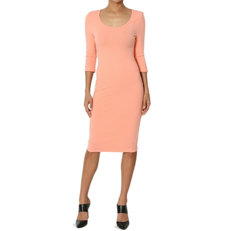 Moss Green Dress - TheMogan Junior's Stretchy Cotton 3/4 Sleeve Scoop Neck Bodycon Midi Dress