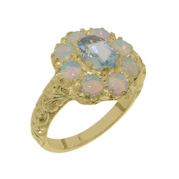LBG British Made 9k Yellow Gold Natural Aquamarine & Opal Womens Statement Ring - 33 size options - Size 10