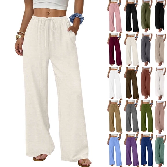 Flowy Palazzo Pants for Women with Pockets Casual Wide Leg Pants Lounge Cruise Beach Vacation Clothes Uncuffed Elastic Waist Boho Trousers, Beige, 30" Inseam, S