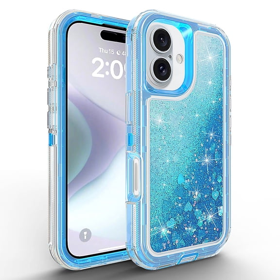 For Apple iPhone 16 Dual Layer Protective Shockproof Tough Defender Sparkling Liquid Glitter Heart Case Cover Blue