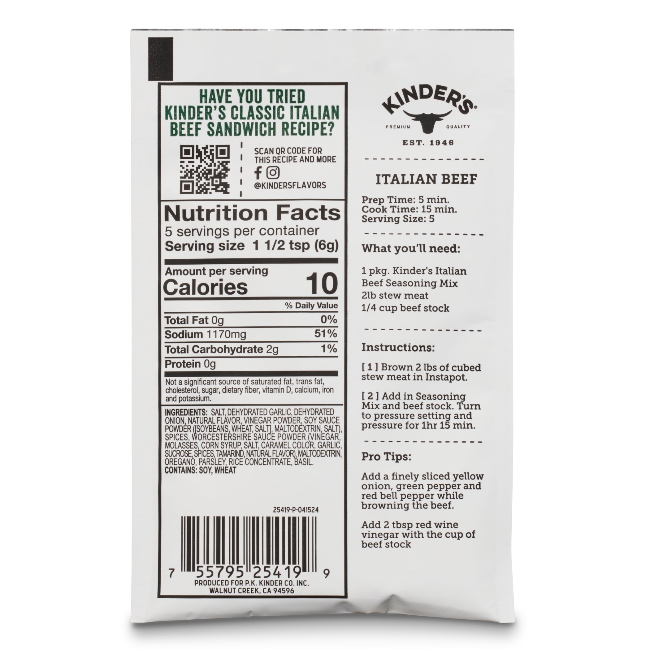 (3 pack) Kinder's Italian Beef Seasoning, 1.1 oz Packet