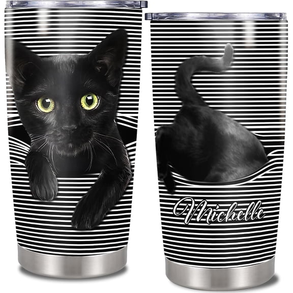 Personalized Funny Black Cat Tumbler Insulated Travel Coffee Cup With Lid Double Wall Vacuum Stainless Steel Cat Lady Gifts for Women Girl Pet Lovers, 20-30Oz
