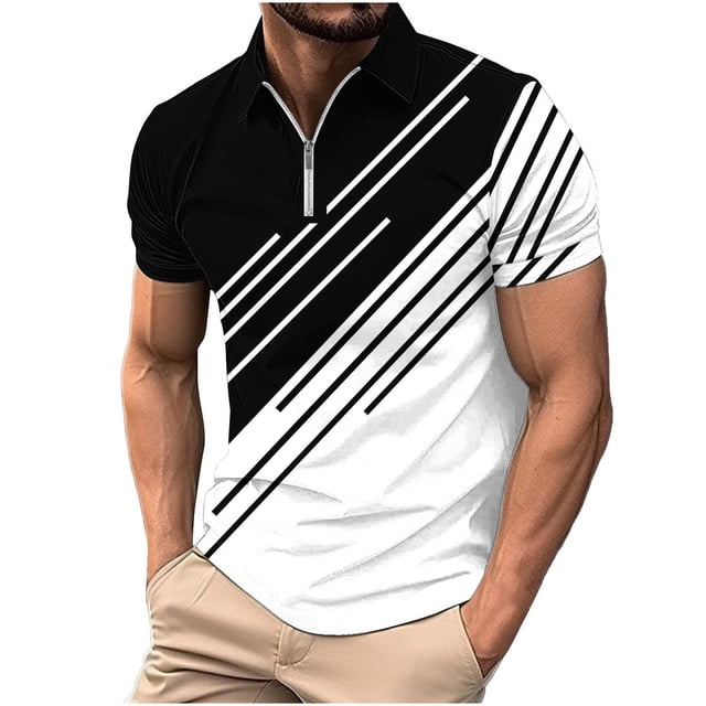 Birdeem Men Casual Printed Short Sleeve Turn Down Collar Zipper T-Shirt Blouse Tops