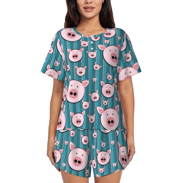 Fotbe Funny Pig Faces Conjunto de Pijama Estampado para Mujer, 2 Piezas, Ropa de Dormir con Camiseta de Manga Corta y Shorts Suaves-Medium