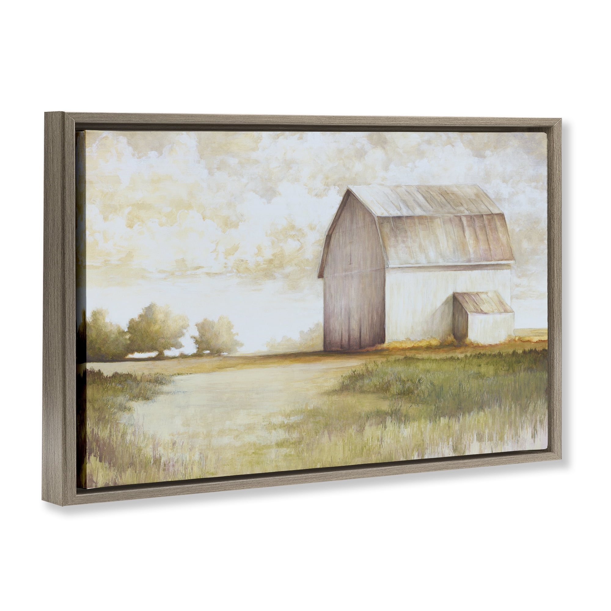 Stupell Industries Neutral Distant Barn Landscape Painting Brown Floater Framed Canvas Art Print Wall Art, 25 x 17