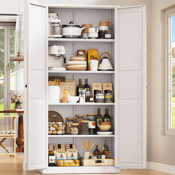 71"Kitchen Pantry Cabinet,White Metal Pantry Cabinet with 2 Doors & 4 Adjustable Shelves,Pantry Cabinets with Gold/Black Handles,Kitchen Cabinet for Dinging Room,Living Room,Assembly Required