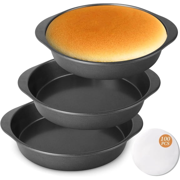 9 Inch Cake Pan Set - 100 Pcs Parchment Paper With 3 Pcs Carbon Steel Round Cake Pans, Nonstick Baking Pans Set With Handle, Dishwasher Safe